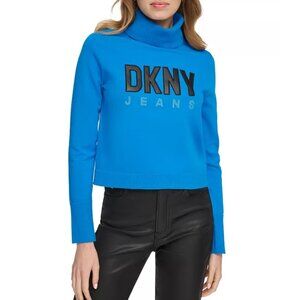 Womens DKNY Jeans Faux-Leather-Logo Turtleneck Sweater Size Small 3X Blue NWT